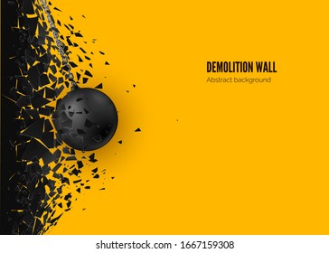 Destruction effect. Abstract cloud of pieces and fragments after wall demolition by wrecking ball. Vector 