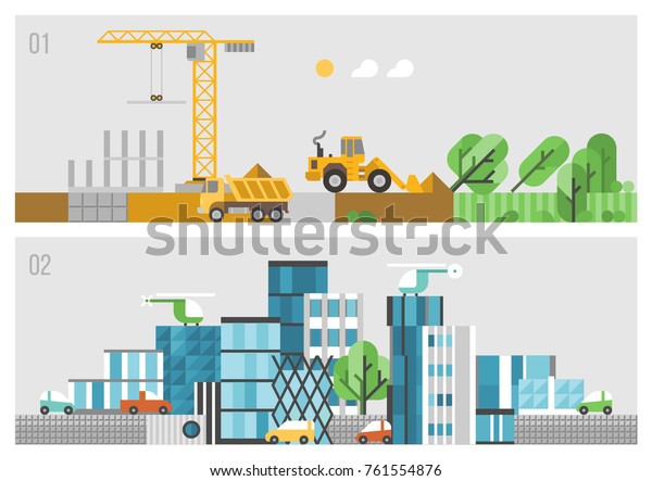 Destruction of the\
environment. Construction of a new city. Construction site. Modern\
city. Business\
center.