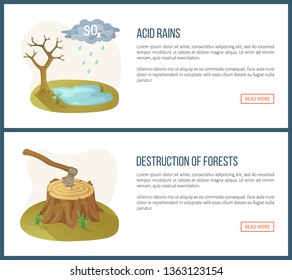 Destrucción de los bosques vectores, deforestación y lluvia ácida, líquido nocivo, lago y árbol sin hojas. Información de problemas ambientales de hacha. Estilo plano de plantilla de sitio web o página web. Concepto del Día de la Tierra