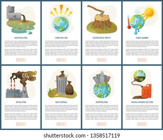 Destruction of forests vector deforestation and global warming melting planet earth, waste disposal, ozone depletion and garbage heat set. Website or webpage template flat style. Concept for Earth day