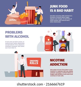 Destruction habits. Adults persons with bad addictions overeating alcoholism drugs gambling garish vector horizontal banners