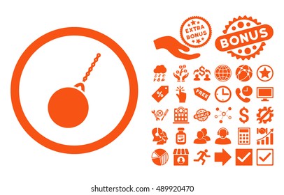 Destruction Hammer icon with bonus design elements. Vector illustration style is flat iconic symbols, orange color, white background.