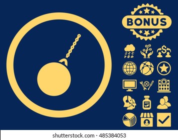 Destruction Hammer icon with bonus pictogram. Vector illustration style is flat iconic symbols, yellow color, blue background.