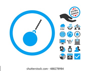 Destruction Hammer pictograph with bonus images. Vector illustration style is flat iconic bicolor symbols, blue and gray colors, white background.