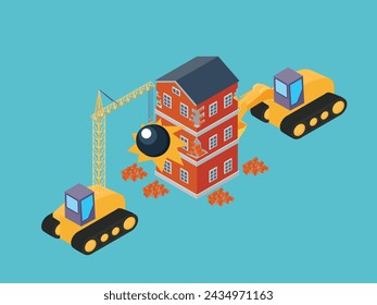 Destruction of the house with the help of excavators 3d isometric vector illustration