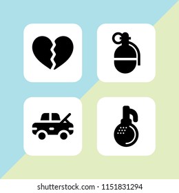 destruction icon. 4 destruction set with broken, grenade and damage vector icons for web and mobile app