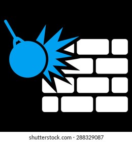 Destruction icon from Business Bicolor Set. Vector style: flat bicolor symbols, blue and white colors, rounded angles, black background.