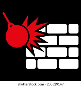 Destruction icon from Business Bicolor Set. Vector style: flat bicolor symbols, red and white colors, rounded angles, black background.