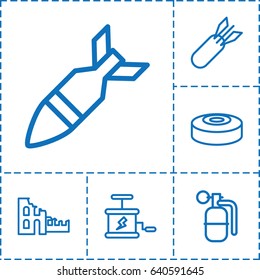 Destruction icon. set of 6 destruction outline icons such as rocket bomb, dynamite, smoke bomb