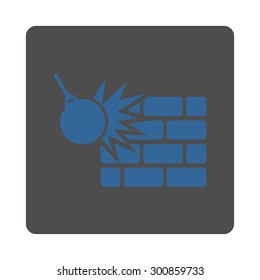Destruction icon. Vector style is cobalt and gray colors, flat rounded square button on a white background.