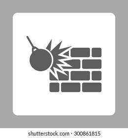 Destruction icon. Vector style is dark gray and white colors, flat rounded square button on a silver background.