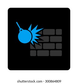 Destruction icon. Vector style is gray and light blue colors, flat rounded square black button on a white background.