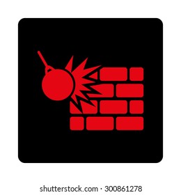 Destruction icon. Vector style is intensive red and black colors, flat rounded square button on a white background.