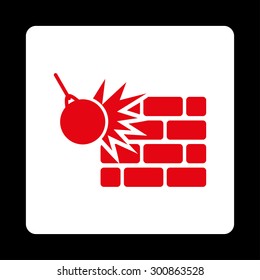 Destruction icon. Vector style is red and white colors, flat rounded square button on a black background.