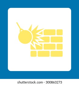 Destruction icon. Vector style is yellow and white colors, flat rounded square button on a blue background.
