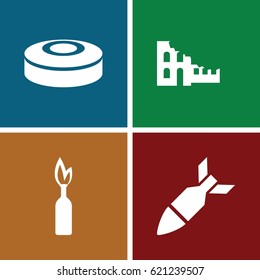 Destruction icons set. set of 4 destruction filled icons such as rocket bomb, smoke bomb, dynamite