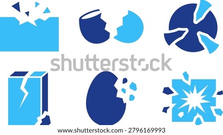 Destruction icons set includes broken block, shattered egg, cracked circle, fractured cube, exploding element, concept of damage and disruption.