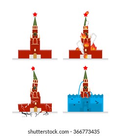 Destruction Moscow Kremlin. Fire in sights. Burns Tower of Kremlin. Natural disasters in Russia. Earthquake destroyed Moscow Kremlin. Cracks and chips. Flooding Moscow. Flooding Russian attractions
