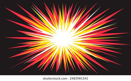 Destruction or outbreak. Explosion of white-yellow-red color on a black background of space. Background with a fiery explosion in black space. Vector image in manga and anime style.