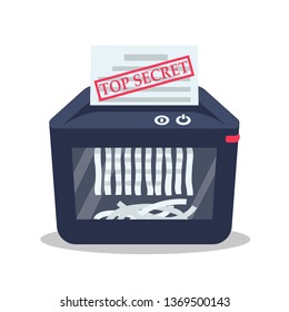 Destruction of secret documents. Top secret. Shredder machine. Paper shredder. Cartoon style. Vector illustration flat design. Isolated on white background. Information protection.