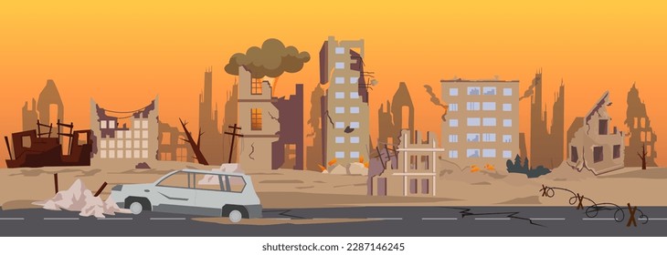 Destruction in war zone concept. Vector of a city in ruins with destroyed, abandoned buildings, burned cars on streets 