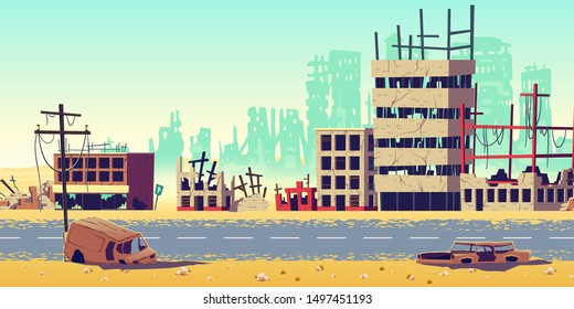 Destruction in war zone, natural disaster or cataclysm consequences, post-apocalyptic world cartoon vector concept. City ruins with destroyed, abandoned buildings, burned cars on streets illustration