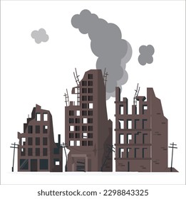 Destruction in war zone, natural disaster or cataclysm consequences, post-apocalyptic world cartoon vector concept. City ruins with destroyed, abandoned buildings, burned cars on streets illustration