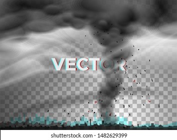 Destructive Hurricane over the city. 
Wind cyclone, twisted vortex, dangerous natural disaster Vector Mockup Illustration. Huge Tornado, Storm, Danger Wind Waterspout. Smoke transparency effects