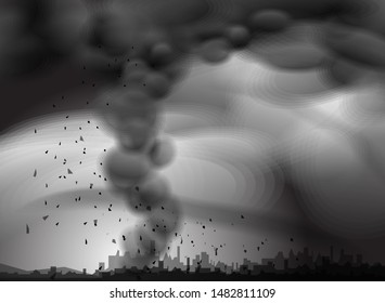 Destructive Hurricane over the city. 
Wind cyclone, twisted vortex, dangerous natural disaster Vector Mockup Illustration. Huge Tornado, Storm, Danger Wind Waterspout. Smoke transparency effects