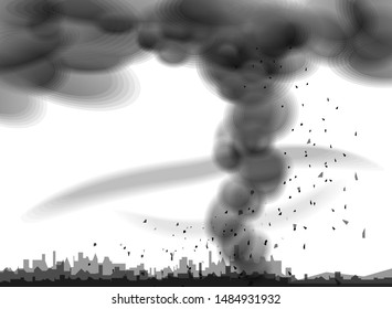 Destructive Hurricane over the city. 
Wind cyclone, twisted vortex, dangerous natural disaster Mockup. Huge Tornado, Storm, Danger Wind Waterspout Illustration. Smoke transparency Vector effects