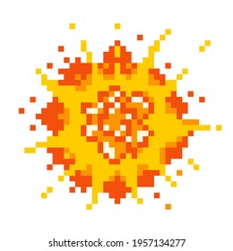 Destructive pixel explosion. Red detonation burst of energy with yellow fire flaming and glowing blazing vector sparks.