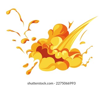 Destructive shattering, isolated explosion effect. Eruption of magma with burning parts and fire wave. Discharge and detonation, ingnition and blowing up, burst or outbreak. Vector in flat style