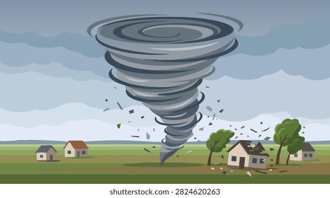 Destructive tornado storm tearing through houses in rural landscape vector illustration