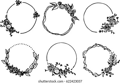 Det of 6 hand drawn wreaths. hand drawn floral frames, vector design elements