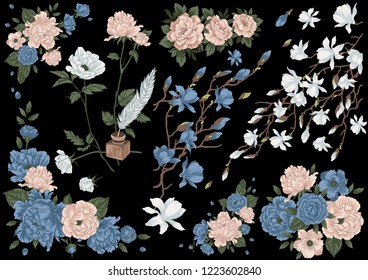 Det of different flowers (peonies, roses and sakura), branches, leaves and bouquets