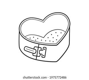 Detachable baking dish in heart shape with removable bottom. Hand rawn non-stick sponge cake pan. Vector illustration in doodle style on white background.