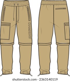 Jogger bottom Pants desmontable diseña un dibujo plano ilustrativo vectorial, concepto de pantalones de carga Casual con visión frontal y trasera, pantalones de sudadera para correr, correr, hacer footing, fitness y diseño de pantalones de desgaste activo.