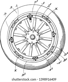 Detachable Rim in which the circular outer part of a wheel furthest from the axle, vintage line drawing or engraving illustration.