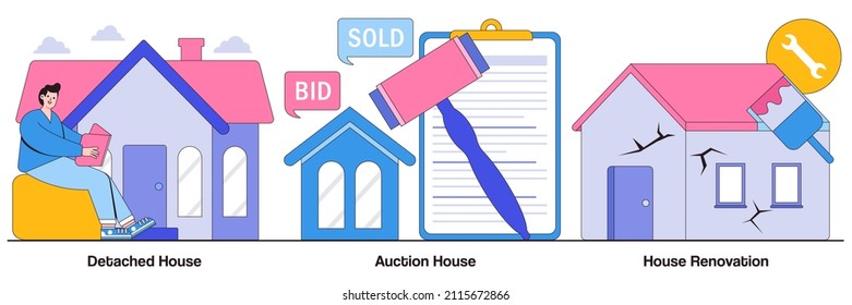 Detached and auction house, house renovation concept with tiny people. Buy family home vector illustration set. Residential and commercial property remodeling, house listing, design project metaphor.