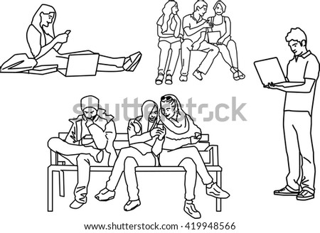 Detached Drawing Group Young People Communicate Stock Vector (Royalty