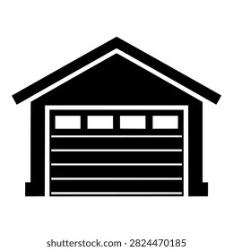 Detached Garage with Sectional Door and Gable Roof, Black Vector Silhouette for Real Estate Listings and Home Services