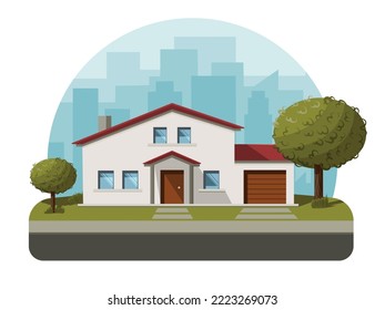 Detached home. Single family house with garden on a city background