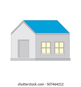 Detached house isolated on white background with a blue roof. Vector illustration.