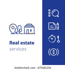 Detached House Location, Suburban Home, Real Estate Services Concept, Residential Neighborhood Vector Line Icon