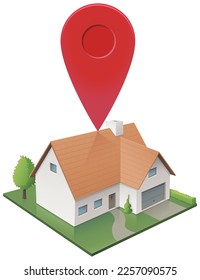 Detached house surrounded by its garden in isometric 3D on which a red map location marker is placed