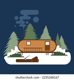Detached house under snowfall, blue background.