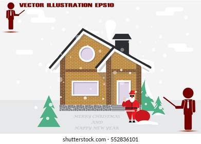 Detached house in the winter against the sky and snow. Congratulations greeting card, Merry Christmas and Happy New Year . Santa Claus with a bag of gifts.  Vector illustration in flat style.