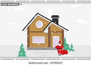 Detached house in the winter against the sky and snow. Congratulations greeting card, Merry Christmas and Happy New Year . Santa Claus with a bag of gifts.  Vector illustration in flat style.