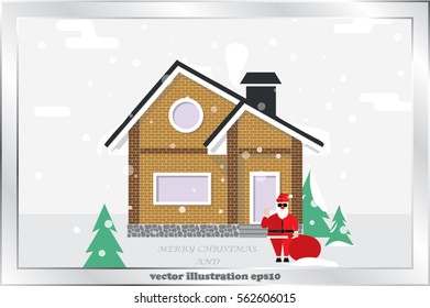 Detached house in the winter against the sky and snow. Congratulations greeting card, Merry Christmas and Happy New Year . Santa Claus with a bag of gifts.  Vector illustration in flat style.