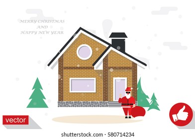 Detached house in the winter against the sky and snow. Congratulations greeting card, Merry Christmas and Happy New Year . Santa Claus with a bag of gifts.  Vector illustration in flat style.